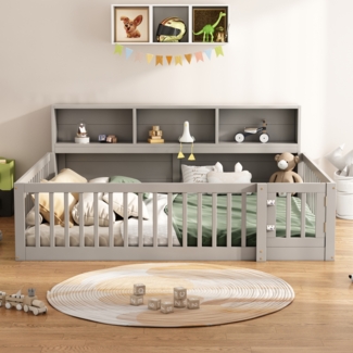 Kinderbett 140x200 cm aus Kiefernholz/MDF mit Rausfallschutz und integriertem Stauraum, Grau