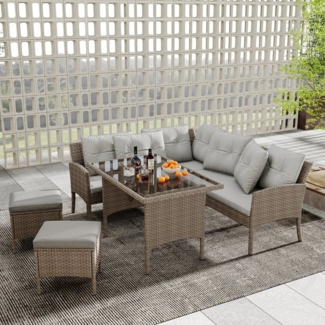Merax Garten-Essgruppe für 7 Personen mit Stahlrahmen und Kissen, (5-tlg, 1 Esstisch, 1 3-Sitzer, 1 2-Sitzer-Ecksofa, 2 Hocker), Gartenmöbel Set Polyrattan, Gartenlounge Set, Sitzgruppe