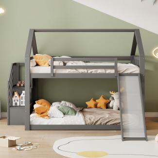 Merax 140x200cm Etagenbett mit Stauraumtreppe und Rutsche, Hausbett, Kinderbett mit Geländer, geeignet für Kinder, Jugendliche, Grau (Ohne Matratze)