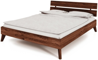 Bett Gerg 2 Wildeiche massiv choco 200x200 cm mit Holzkopfteil und Holzbeinen