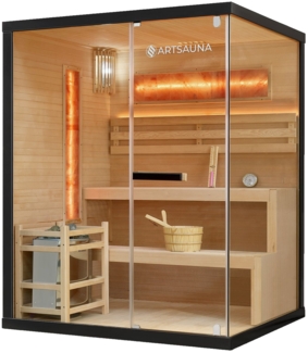 Artsauna Saunakabine Vantaa 150 mit Salzstein - Indoor Sauna 3 Personen - 4,5kW Ofen, Glasfront, LED Licht, Thermometer & Sanduhr - Komplett Set