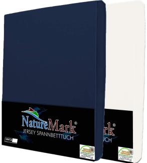 NatureMark 2er Pack Jersey Spannbettlaken, Spannbetttuch 100% Baumwolle in vielen Größen und Farben MARKENQUALITÄT ÖKOTEX Standard 100 | 120x200 cm - Navy/Weiss