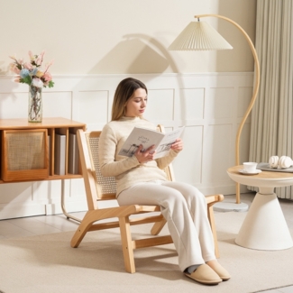 Wohnzimmersessel Mit Rattan & Gummiholzrahmen - Lesesessel Armlehnenfrei Mit Atmungsaktiver Sitzfläche