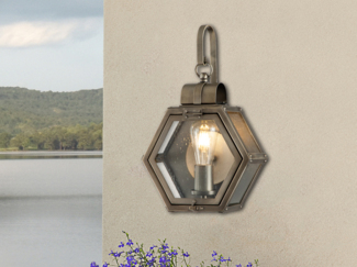 LED Rustikale Außenwand Laterne hängend sechseckig, Bronze Höhe 42cm