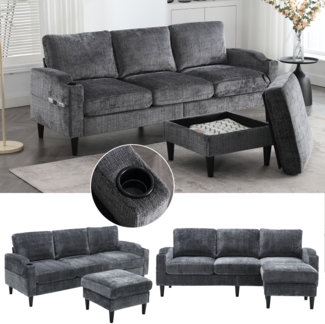 LVHOM Loungesofa mit Hocker & Stauraum, 4-Sitzer, Armlehnen, Getränkehalter, Seitentaschen, weiche Chenille-Stoff, modulare Sofa, Grau