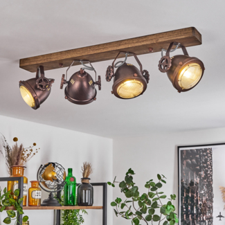 »Biati«, verstellbare Deckenlampe aus Metall/Holz/Glas in Rost/Braun/Klar, 4-flammig, 4 x GU10-Fassung, max. 40 Watt, dreh- u. schwenkbarer Spot im Industrial Design m. Textilkabeln