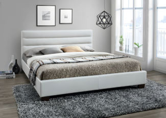 Vente-unique - Polsterbett - 160 x 200 cm - Kunstleder - Weiß + Matratze - FAUSTIN