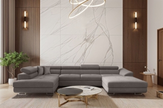 Wohnlandschaft Schlafsofa Sofa CARMELO in Stoff Nova Grau Ottomane Rechts