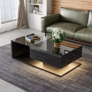 HAUSS SPOLE Couchtisch in Hochglanz mit Glas und LED-Leuchten und 1Schublade, schwarz (Wohnzimmertisch, 1-St, 105*55*32,5cm), mit Glastischplatte, Schublade und 16-farbigen variablen LED-Leuchten