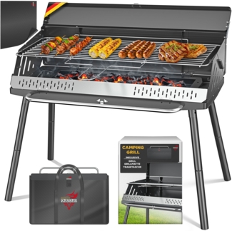 KESSER® Klappgrill tragbarer Camping Grill | Holzkohlegrill aus pulverbeschichtetem Stahl inklusive Grillrost, Grillmatte & Tragetasche | Faltbar BBQ ideal für Camping, Picknick & Angeln Schwarz, Mit Beine