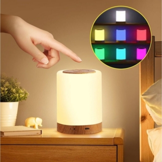 WILGOON LED Nachtlicht Nachttischlampe, USB Touch Dimmbar Atmosphäre Licht 10 Farben + 4 Modi, LED fest integriert, Bunt, Nachtlicht mit Holzmaserung für Camping Schlafzimmer Kinderzimmer