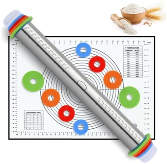 SURFOU Nudelholz Edelstahl Einstellbares 1 Teigroller 1 Silikon Backmatte, (Dicke Nudelholz in 4 Größen mit 4 Abnehmbare Abstandshalter), für Pizza Kekse Pfannkuchen Pasta Backen Utensilie