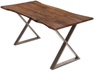 Esstisch Baumkante massiv Akazie nussbaum 160x85 X-Gestell edelstahlfarben KASIMIR 528400