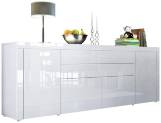 Vladon Sideboard La Paz V2 (Kommode mit 2 Türen, 2 Schubkästen und 2 Klappen, Korpus Weiß matt), Front Weiß Hochglanz & Weiß Hochglanz (200 x 72 x 35 cm)