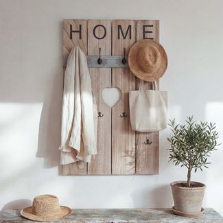 Wandgarderobe HWC-C89 Home, Garderobenpaneel Garderobe, Shabby-Look Vintage, 8 Haken 91x60cm ~ naturbraun