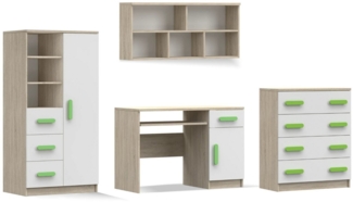 Deine Möbel 24 Jugendzimmer-Set INGE II in Weiß / Weiß + Grau / Weiß + Eiche Sonoma , 4-teilig, (Set, 4-tlg, Schreibtisch Regal Hängeregal Kommode), Kinderzimmer Set Weiß Griffe Rosa Blau Grün Grau aus Laminatplatte