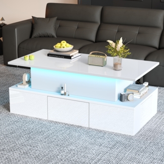 Couchtisch 100×50×40cm mit Hubfunktion und LED – Hochglanz Weiß, versteckter Stauraum