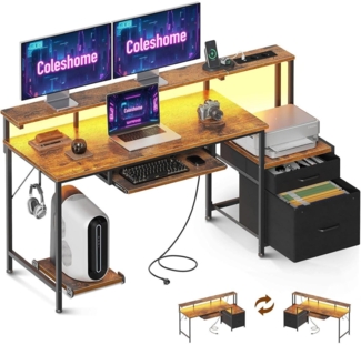 Schreibtisch mit Schubladen 140x48cm LED-Licht Braun