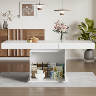 Erweiterbarer Weiß Esstisch 140–180cm Multifunktionaler Esszimmer Tisch aus Spanplatte und Metall mit großem Stauraum, ausziehbar, flexibel, platzsparend