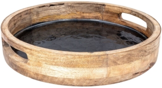 Levandeo® Dekotablett, Tablett 35cm Rund Mango Holz Grau Perlmutt Emaille Ablage