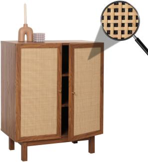 Highboard HWC-M51, Kommode Schrank Sideboard, Staufächer, Massiv-Holz Mango Kubu Rattan 98x79x42cm ~ Walnuss-Optik