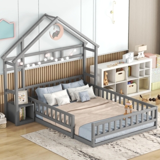 Merax Kinderbett 140x190cm Massivholzbett Hausbett mit Nachttisch und Lattenrost, grau