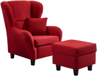 OHRENSESSEL mit HOCKER, hoher Sitzkomfort durch Wellenunterfederung B90/H98/T76 cm, Strukturstoff Rot