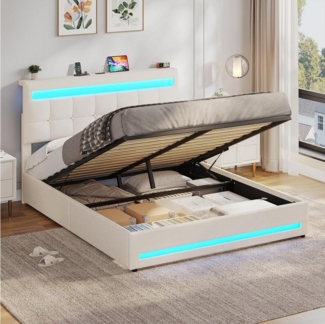 MSMASK Polsterbett Jugendbett mit LED Beleuchtung und Ladestation, 140 x 200 cm (Ohne Matratze), Hydraulisches Bett mit Höhenverstellbares Kopfteil und Stauraum