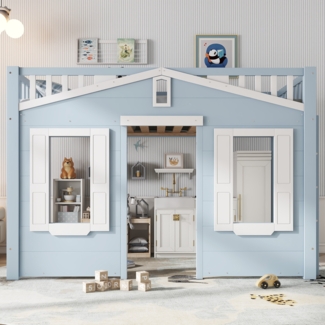 Hochbett, Kinderbett Platz unter dem Bett für flexible Gestaltung schöne Fenstergestaltung sichere stabile Leiter, Kiefer+MDF+Sperrholz, Blau, 90x200cm