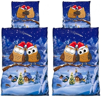 Visaggio Bettwäsche Winter Fleece Bettbezug flauschig warm, Fleece, 4 teilig, Thermofleece kuschelig weich, Eulenpaar