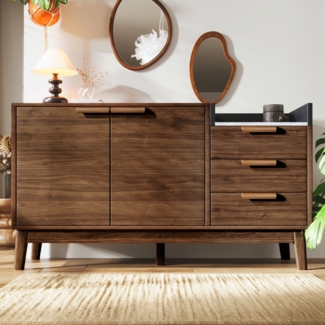 Kommode 120 cm in Eiche & Marmoroptik mit 3 Schubladen, Doppeltürschrank & Massivholzbeinen, Sideboard modern