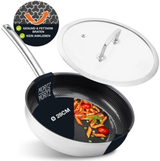 Moritz & Moritz Wok Pfanne mit Deckel 28cm gerader Rand, 304 Edelstahl (Bratpfanne & Deckel Set)