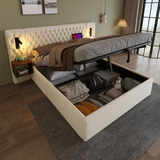 Merax Doppelbett 180×200 cm Schlafzimmer Komplett Set, Polsterbett Hydraulisch Stauraumbett mit 2 Nachttischen, Kopfteil Leselicht mit USB Ladefunktion, Beige, Samt (Ohne Matratze)