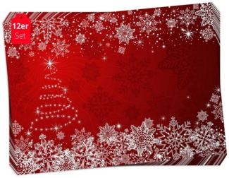 Tischsetmacher Platzset Tischsets I Platzsets - Weihnachten - Weihnachtsbaum & Schneekristalle, (aus Naturpapier in Aufbewahrungsmappe, 12-St, 44x32 cm / rot), Made in Germany