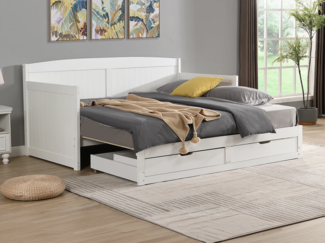 Vente-unique - Ausziehbett - 90 x 190 oder 180 x 190 cm - Mit ausziehbarem Lattenrost & Schubladen - Kiefer & MDF - Weiß + Matratze - DINIVA