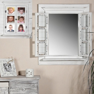 Feel2Home Wandspiegel Wandspiegel mit Scheiben Weiß braun Bilderrahmen Fensterladen Foto