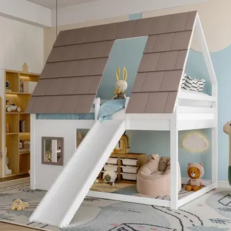Hochbett mit 2 Schlafgelegenheiten, Lattenrost, Leiter, Rutsche, Rausfallschutz, 140x200cm, Spielbett, Kinderbett, Etagenbett, Kiefer