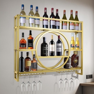 XERSEK Weinregal Wandmontierte Metal Flaschenregal Schwarz Gold Wein Regal Rack Schrank, Platz für 30 Flaschen, Maximale Belastung 50 kg, Klassischer Stil, 3 Ebenen, Aus Kohlenstoffstahl
