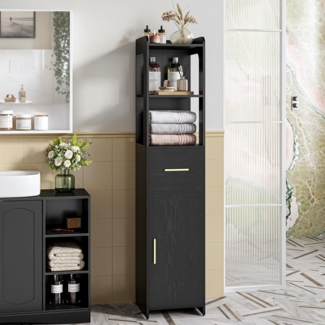 Badezimmerschrank, Badezimmermöbel mit Einer Tür und Einer Schublade, Badschrank mit Verstellbare Ablagen, Offenes Fach, für kleine Räume, Moderner, 30 × 30 × 138,6 cm, Schwarz