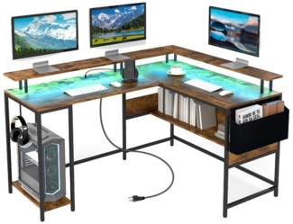 COSTWAY Eckschreibtisch, mit LEDs, Steckdosen, & Monitorständer 146x115 cm