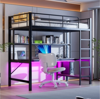 HAUSS SPOLE Kinderbett 90x200 mit usb, Steckdose, LED-Leuchten, Schreibtisch, Regal, schwarz (Hochbett mit MDF-Tisch & Regal, Eisenbett Metallbett Jugendbett, für Jugendzimmer & Studentenwohnung 90x200 cm), Ohne Matratze
