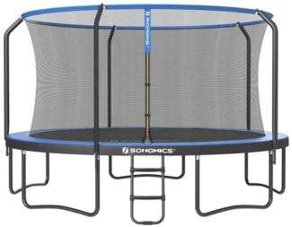 Songmics Trampolin Ø 427 cm, Gartentrampolin für Kinder mit Sicherheitsnetz, 180 cm hohe Stangen, Randabdeckung, Leiter, Stahlrahmen, schwarz-blau STR143Q01