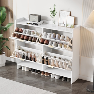 Merax Schuhschrank, mit 4 Klappenfächern, freistehendem Schuhregal, offenen Ablageflächen, geeignet für Eingangsbereich oder Flur, Weiß