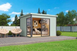 Lasita Maja Gartenhaus Domeo 1-4 Gartenhaus aus Holz in Silber Holzhaus mit 44 mm Wandstärke inklusive Terrasse inklusive Schleppdach Blockbohlenhaus