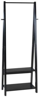 Home4You Kleiderständer,B 65 x H 180 cm, Schwarz, Kiefernholz, 2 Ablagen, 4 Haken und 1 Kleiderstange