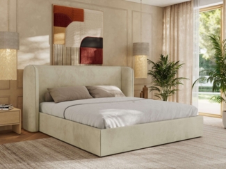 Polsterbett Bett mit Holzlattenrost Schlafzimmer Bett Doppelbett gepolstertes Kopfteil - EMORA CLASSIC - 140x200 cm - Beige Velvet