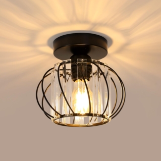 Goeco Deckenleuchte Kristall Schwarz, E27 Moderne Deckenlampe, Vintage Industrie Kronleuchter mit Käfig-förmigen Lampenschirm für Eingang Flur Schlafzimmer Wohnzimmer