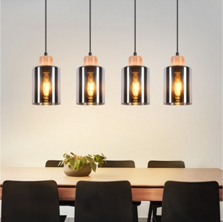 Nettlife Pendelleuchte Holz esstisch Vintage 1/3/4 flammig E27 Esszimmerlampe Industrial, Höhenverstellbar, LED wechselbar, Rauchglas Hängelampe für Küche Esszimmer Flur