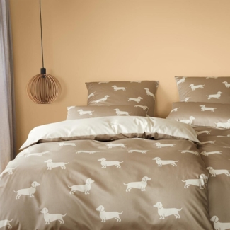 elegante Mako-Satin Bettwäsche Dogs natur beige|135x200 cm + 40x80 cm