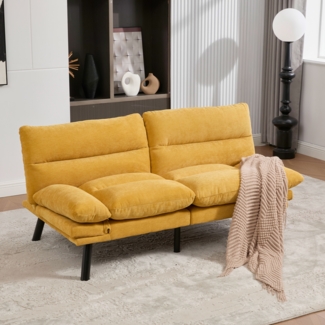 Flieks 2-Sitzer Schlafsofa, 2-Personen Chenille-Sofa mit verstellbarer Rückenlehne und Armlehnen, Senfgelb